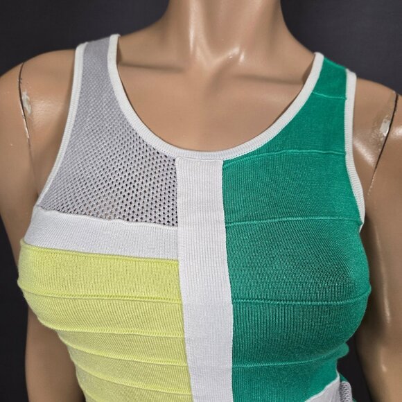Y2K Colorblock Knit Bodycon Mini Dress Size S Colorful Sleeveless Yellow White - Picture 2 of 8